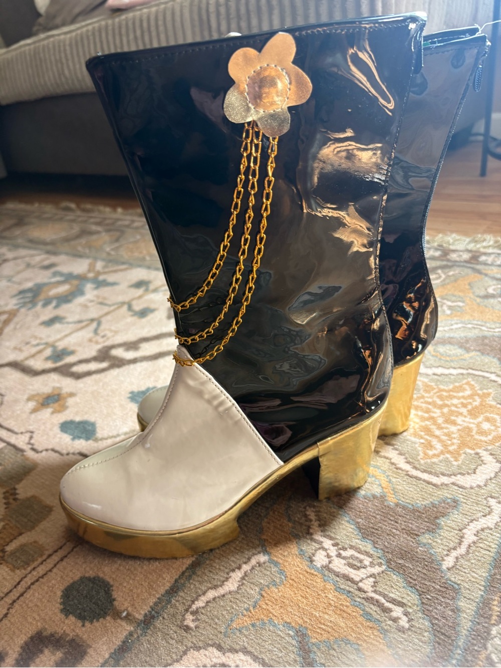 Women's Black Patent & White Platform Boots with Gold Accents